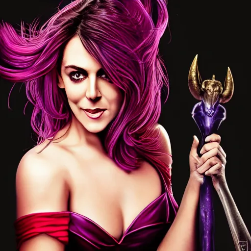 Prompt: illustrated hyper realistic portrait of Elizabeth Hurley as devil with purple-hair, red-dress, epic action pose by rossdraws, award winning epic HD photography