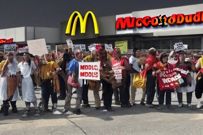 Prompt: cellphone photograph of a group of orcs protesting the working conditions in a mcdonalds parking lot. daylight. mcdonalds uniforms, aprons. picket signs