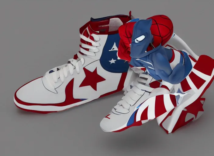 Image similar to basketball sneakers concept of captain america, picture by tim burton, render, cinema 4 d, octane render