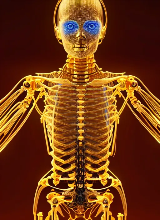 Image similar to full body rendering of a futuristic female golden mechanical skeleton with human face, wires, glowing internal light, hyperdetailed illustration by irakli nadar and alex grey, intricate linework, faberge, intricate gold linework, dark atmosphere, unreal engine 5 highly rendered, global illumination, radiant light, detailed and intricate environment