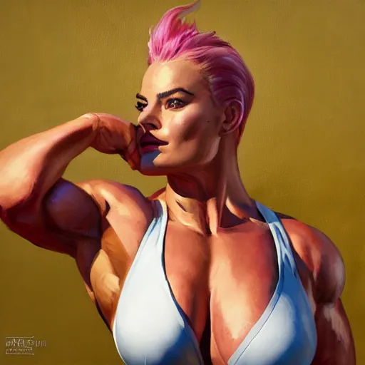 Image similar to greg manchess portrait of margot robbie as thick female bodybuilder zarya from overwatch in disco elysium, 8 7 8, epic grimdark, fantasy, medium shot, asymmetrical, profile picture, organic painting, sunny day, matte painting, bold shapes, hard edges, street art, trending on artstation, by huang guangjian and gil elvgren and sachin teng
