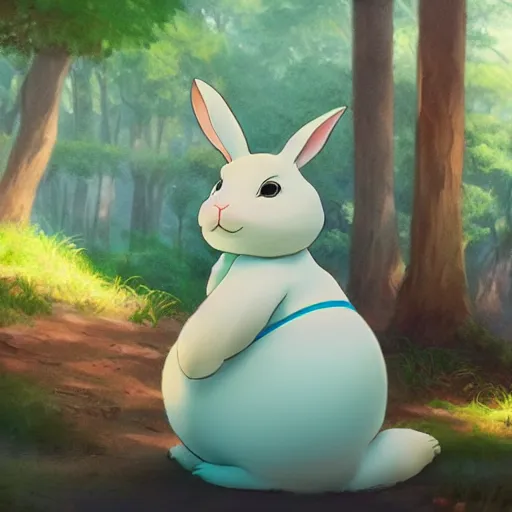 Image similar to concept art painting of a chubby white rabbit wearing a turquoise dress, in the deep forest, realistic, detailed, cel shaded, in the style of makoto shinkai and greg rutkowski and james gurney