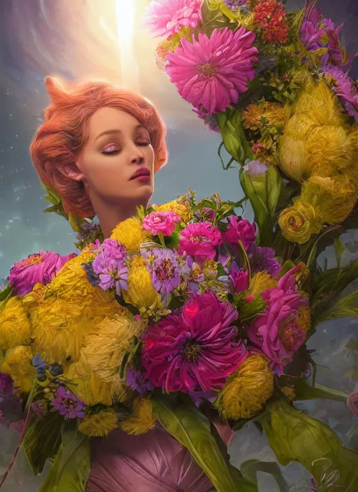Image similar to An epic fantastic realism comic book style painting of the most beautiful flowers launched into space, by Rachel Ruysch, bouquets, fisheye lens, unreal 5, DAZ, hyperrealistic, octane render, cosplay, RPG portrait, dynamic lighting