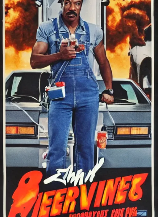 Prompt: an 8 0's john alvin action movie poster starring eddie murphy as a plumber to rich people. he's in a large bathroom. overalls. exploding toliet. tool belt. the movie is titled beverly hills crap