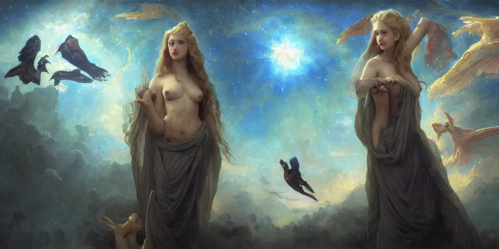 Image similar to oil portrait painting, etheric majestic beautiful females, hybrid atlantean elsa jean, fantasy warrior, epic battle, great anubis leviathan turtle, stellar space, cosmic celestial castle, universe, nebula, birds eye view, digital art, airbrush, regal, refined, theophanic atmosphere, william - adolphe bouguereau, michael whelan, unreal engine, 8 k hd