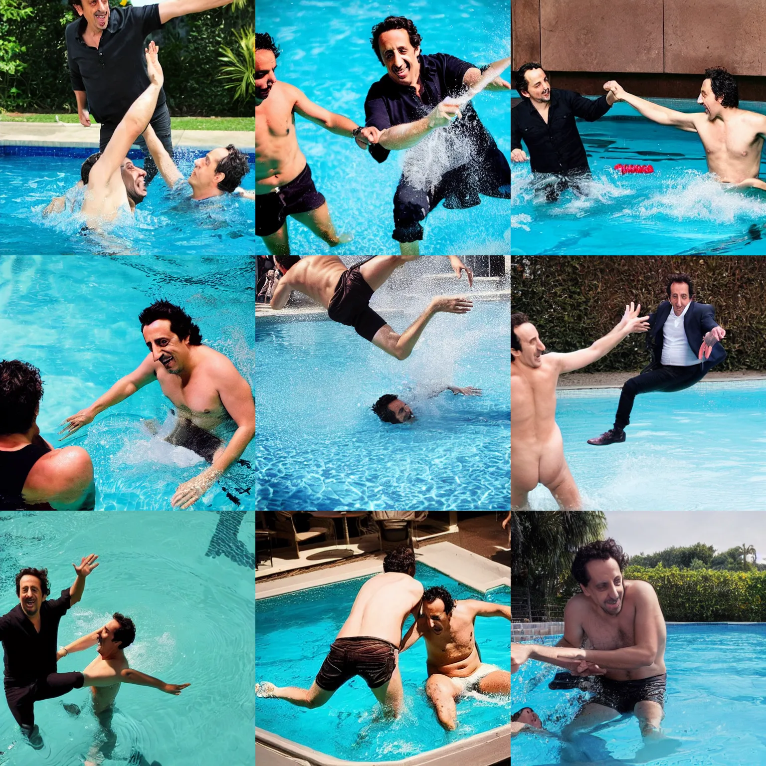 Prompt: Alexandre Astier throwing Gad Elmaleh in a pool, photograph