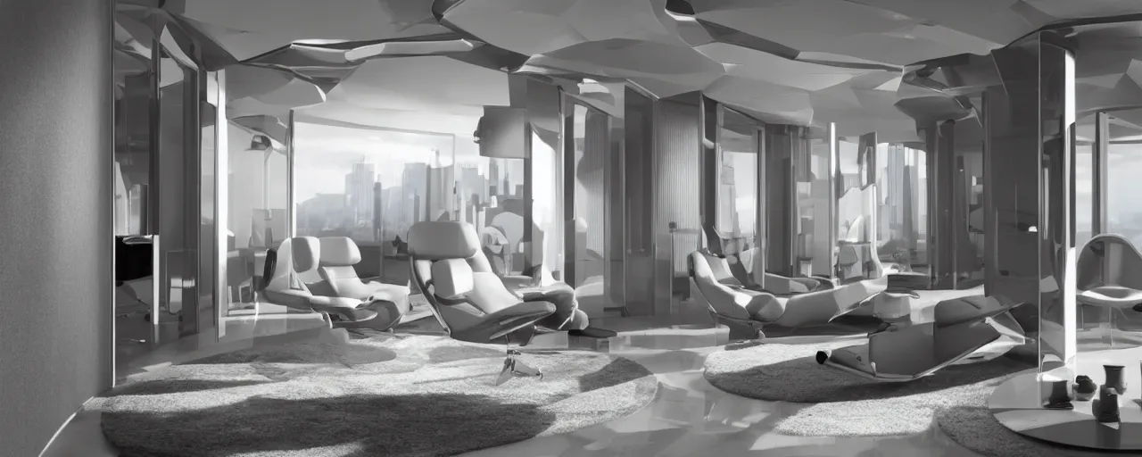 Prompt: relaxing _ futuristic room _ with _ a _ silver _ furniture _ high _ quality _ 8 _ k _ architecture _ symmetrical _ harmonious _ compositin