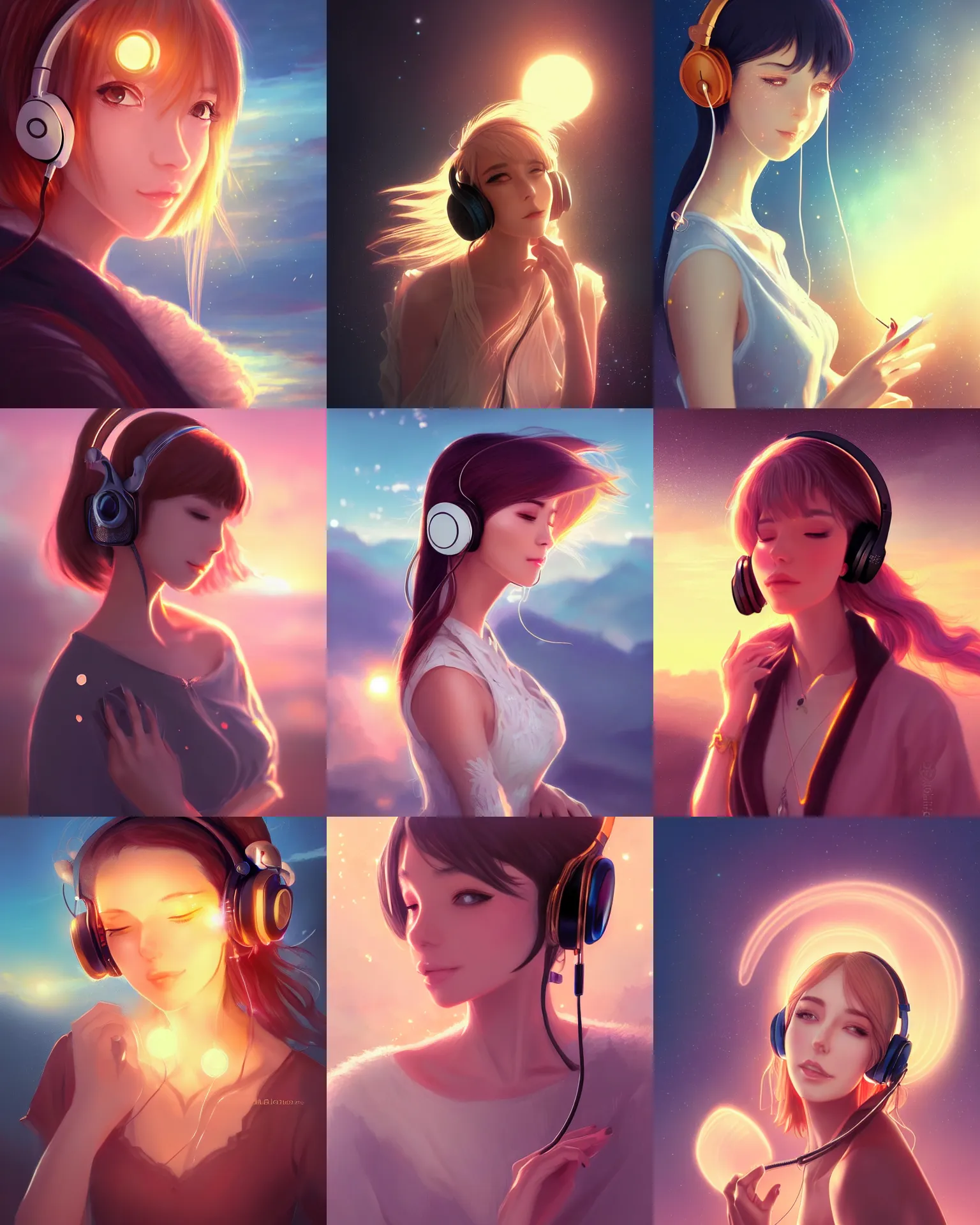 Prompt: Portrait of an elegant woman with headphones in a warm glowing scenery, sunset, fantasy, anime, intricate sparkling atmosphere, artstation, hosada, miyazaki, artgerm