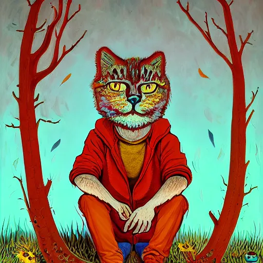 Prompt: portrait of a disillusioned young man, drained of energy by the artistic struggle, by louis wain, simon stalenhag and johanna martine, trending on artstation