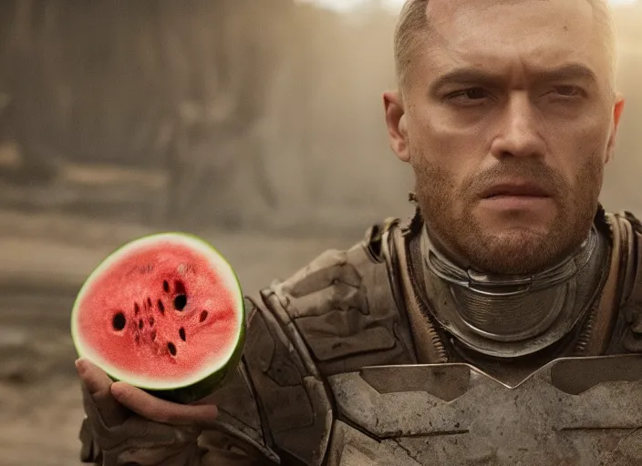 Image similar to film still of a man with a watermelon for a head in the new scifi movie, 4 k