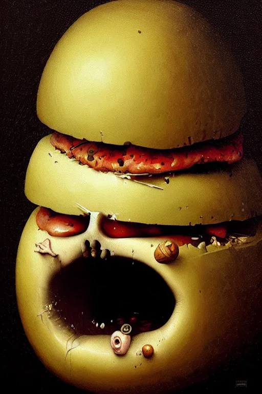 Image similar to hieronymus bosch, greg rutkowski, anna podedworna, painting of a depressed sad hamburger, extreme close up, insane face, crying