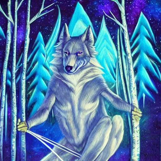 Prompt: humanoid wolf holding an bow and arrow in hand in an enchanted forest with a blue hue and blue fireflie and a waterfall in the distance that magically glows blue, insanely detailed - n 6