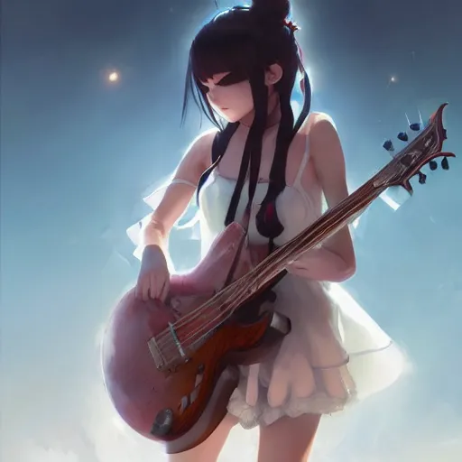 Image similar to anime girl Playing the 🎸 instrument , digital Art, Greg rutkowski, Trending cinematographic artstation