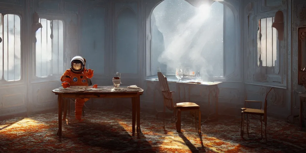 Image similar to a single cosmonaut in a spacesuit drinks a steaming cup of tea at an old wooden desk in a richly decorated indian house. the autumn light comes in through a window and dimly illuminates the room, diffuse light, octane render, 4k, matte painting