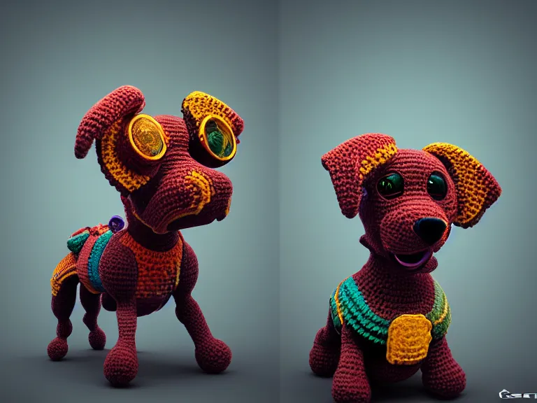 Prompt: multicolored crocheted cyborg dog, rpg reference, oil painting, trending on artstation, octane render, insanely detailed, 8 k, hd