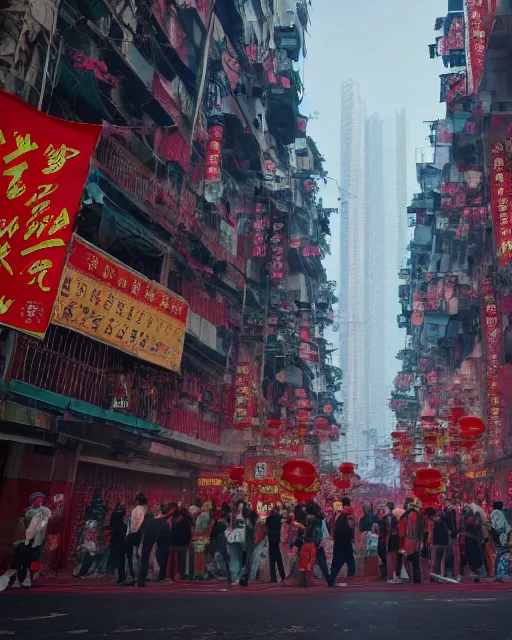 Image similar to chinese new year decoration, chinese new year parade, crowd of people, street, poor buildings, hong kong buildings, kowloon, slums, cyberpunk, ghost in the shell, dramatic lighting, trending on Artstation, 8k, highly realistic, hyper detailed, unreal engine 5, IMAX quality, realistic, cinematic, epic lighting, realistic, Matte Painting, masterpiece,