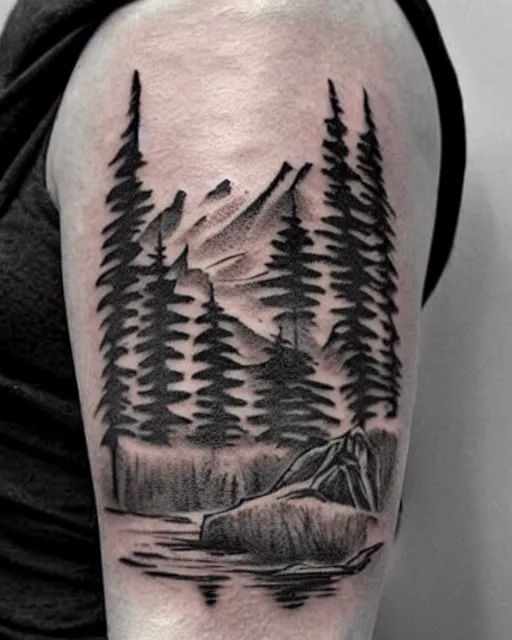 Image similar to double exposure effect tattoo design sketch that combines megan fox with beautiful mountain scenery, realism tattoo, in the style of den yakovlev, amazing detail, sharp