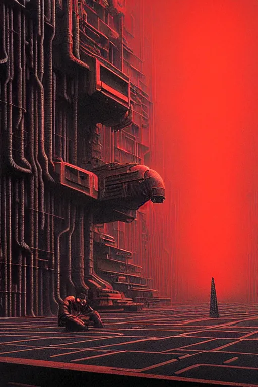 Prompt: dark master constructing infinite factories, red and black science fiction scenario, giger, beksinski, digital art render