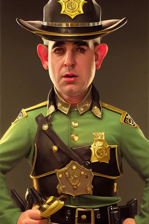 Prompt: a shifty fat high elf mall cop with a sheriff's badge with pointy elf ears, Oil Painting, hyperrealistic, Detailed Digital Art, RPG portrait, 3/4 bust, William-Adolphe Bouguereau, Michael Cheval, dynamic lighting, Highly Detailed, Cinematic Lighting, 8k, HD