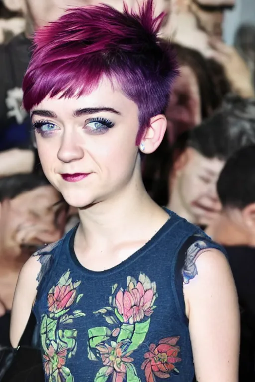 Prompt: photo of young cute punk woman with blue pixie cut posing, maisie williams