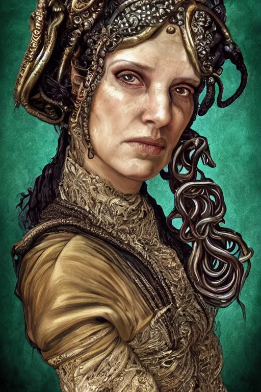 Prompt: portrait, headshot, digital painting, of a 17th century, beautiful, middle aged, middle eastern, wrinkles, decadent, cyborg noble woman, dark hair, piercings, tentacle hair, tendrils, amber jewels, baroque, ornate dark green opulent clothing, scifi, futuristic, realistic, hyperdetailed, concept art, chiaroscuro, rimlight, art by syd mead
