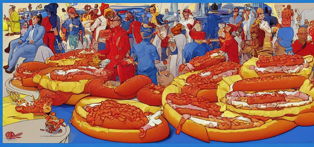 Image similar to an original jean giraud digital art masterpiece of a religious decree prohibiting hotdog buns, hotdogs without buns, discarded hotdog buns