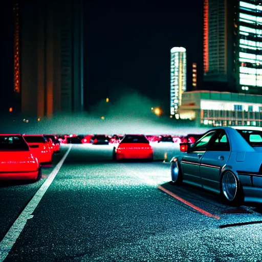 Image similar to a car JZX100 at illegal car meet, Chiba prefecture, city midnight mist lights, cinematic color, photorealistic, highly detailed, 50MM