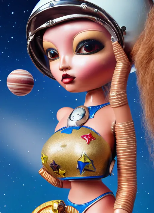 Image similar to closeup portrait of tin toy bikini spacegirl in a spaceship on venus, depth of field, zeiss lens, detailed, symmetrical, centered, fashion photoshoot, by nicoletta ceccoli, mark ryden, lostfish, breathtaking, 8 k resolution, extremely detailed, beautiful, establishing shot, artistic, hyperrealistic, octane render
