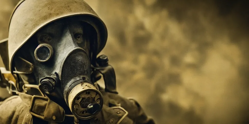 Image similar to wwi soldier wearing a gas mask, no man's land, yellow gas, cinematic, blue and yellow tones, atmospheric, anamorphic lens, shot on arri alexa