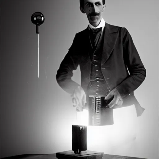 Image similar to Nikola Tesla trying to make electricity with a banana, ultra realistic, studio lighting