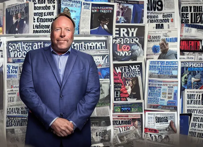 Image similar to dslr photo still of infowars host alex jones in a blue suit fat grey beard and mustache in a!!! room filled to the ceiling with newspapers!!!, 5 2 mm f 1. 8