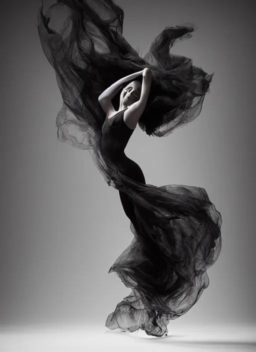 Image similar to a Photorealistic dramatic hyperrealistic render of a glamorous beautiful Female smoke dancer by Ken Brower and Deborah Ory of NYC Dance project,Lois Greenfield,Flowing cloth and smoke,Beautiful dynamic dramatic dark moody lighting,volumetric,shadows,cinematic atmosphere,Octane render,8K