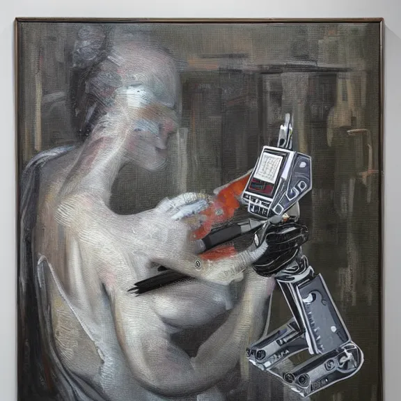 Prompt: robot artist painting a self - portrait on a canvas. intricate, highly detailed, photorealistic, film still, by alexandros pyromallis.
