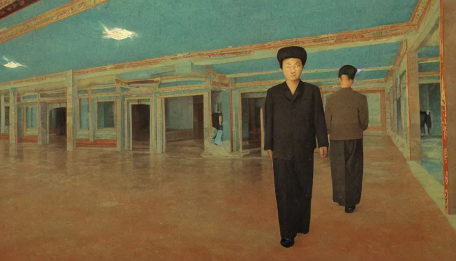 Prompt: pov a man walking in empty north-korean restaurant palace with propaganda fresco, eastmancolor, heavy grain, high quality, higly detailed