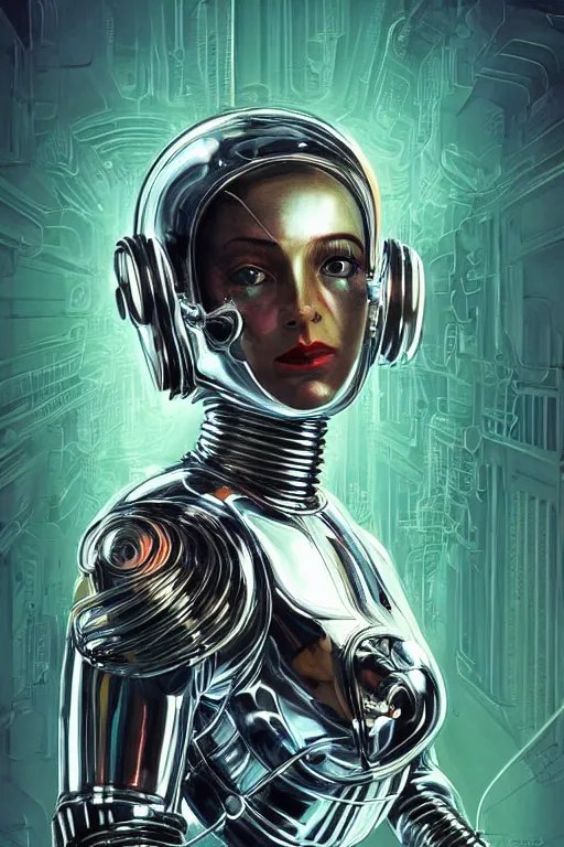 Image similar to retro-futuristic portrait of a beautiful damaged female android in old chrome armour with cables and wires and white liquid, ornate background, rim light, ornate pattern, glowing eyes, evil expression, high details, intricate details, renaissance painting by vincent di fate, artgerm julie bell beeple, 80s, Smooth gradients, High contrast, depth of field, very coherent symmetrical artwork