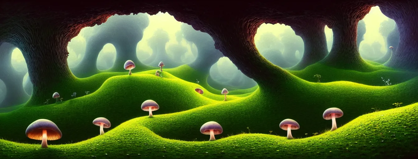 Prompt: gediminas pranckevicius beautiful and stunning professional digital artwork of a glowing mushroom cave, haze, spores floating in the air, vines, water, volumetric lighting, hyperrealistic, rtx on, ultra detail, barlowe wayne, maxfield parrish and marco mazzoni, miniature | no signature!