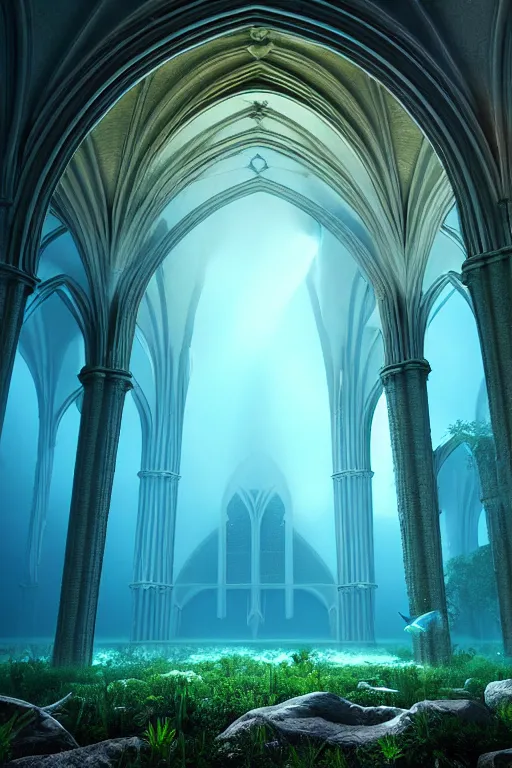 Prompt: hyperrealistic precisionist cinematic underwater dystopian neo - gothic cathedral ruins with giant luminescent colorful aquatic plants, digital art masterpiece, aykut aydogdu eric zener, dramatic volumetric light, long shot, low angle uhd 8 k, sharp focus