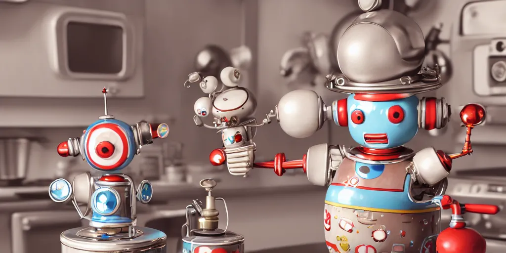 Image similar to closeup portrait of tin toy retro robot mad scientists cooking pastry in a kitchen, depth of field, zeiss lens, detailed, centered, fashion photoshoot, by nicoletta ceccoli, mark ryden, lostfish, breathtaking, 8 k resolution, extremely detailed, beautiful, establishing shot, artistic, hyperrealistic, octane render