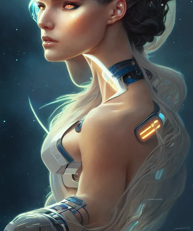 Image similar to futuristic woman portrait, sci-fi, amber eyes, face, long hair, fantasy, intricate, elegant, highly detailed, digital painting, artstation, concept art, smooth, sharp focus, illustration, art by artgerm and greg rutkowski and alphonse mucha