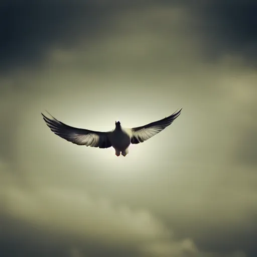 Image similar to a realistic photo of a white dove flying away from the camera in an ethereal cloudscape, high contrast, 8k, film grain, highly detailed, professional photography