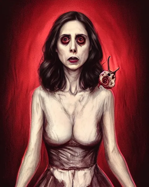 Prompt: gorgeous female Alison Brie, horror movie slasher, holding bloody knife, realistic character concept, violent pose, creepy smile, shorter neck, illustration, symmetrical face and body, realistic eyes, cinematic lighting, hyperdetailed, detailed realistic symmetrical eyes, face by artgerm, symmetrical nose, Tom Bagshaw, single face, insanely detailed and intricate, beautiful, elegant, dark living room background