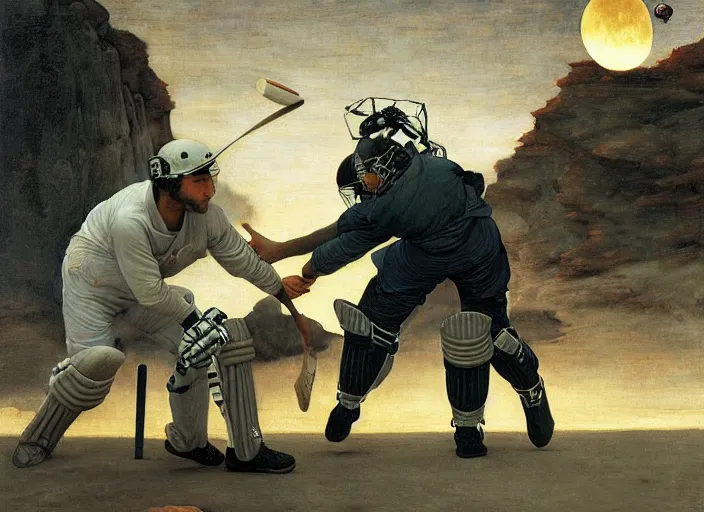 Image similar to a cricket match on the moon by edgar maxence and caravaggio and michael whelan and delacroix style, artistic, intricate painting, cinematic lighting, hyper realistic, extremely detailed, establishing shot, 8 k resolution, dramatic lighting