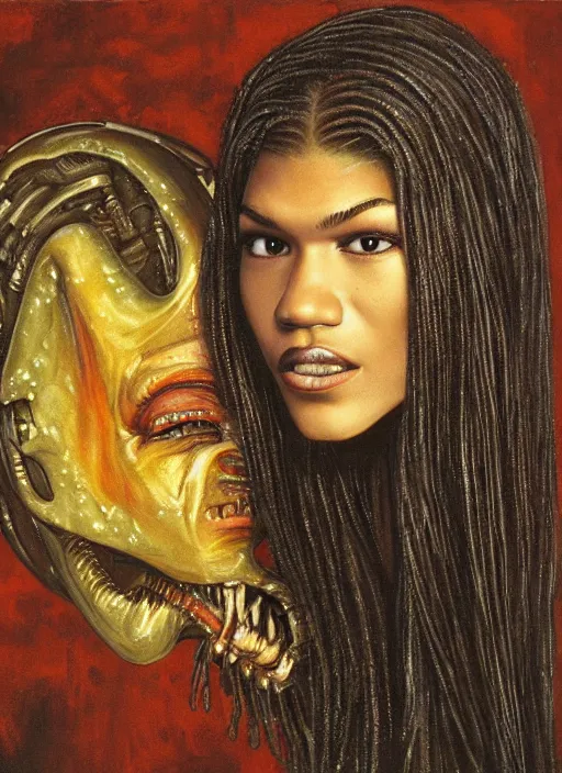 Prompt: portrait of zendaya with a little alien head for a tongue, necronom v, painting by h. r. giger