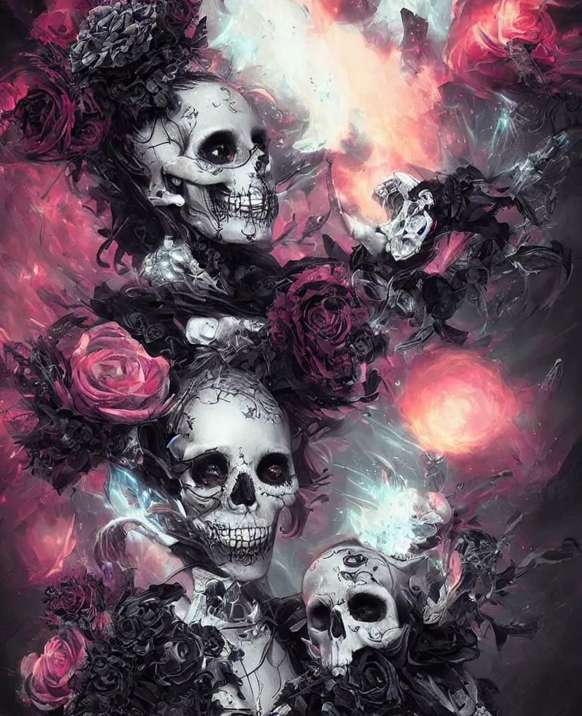 Image similar to a chaotic goddess of death skull black rose s day of the dead atmospheric, dramatic, Trending on artstation. augmentations and cybernetic enhancements neon circuits, greg rutkowski , hyperrealist, cinema4D, 8k highly detailed ❤️‍🔥 🔥 💀 🤖 🚀