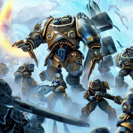 Image similar to Astartes Space Marines fight against space orcs in an epic battle, futuristic style 4K