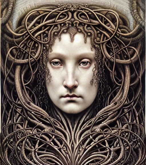 Image similar to detailed realistic beautiful kraken goddess face portrait by jean delville, gustave dore, iris van herpen and marco mazzoni, art forms of nature by ernst haeckel, art nouveau, symbolist, visionary, gothic, neo - gothic, pre - raphaelite, fractal lace, intricate alien botanicals, ai biodiversity, surreality, hyperdetailed ultrasharp octane render