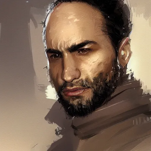 Image similar to Portrait of a man by Greg Rutkowski, he is about 30 years old, mixture between persian, indian and texan, wide forehead, short black hair, manly, attractive, strong and burly, he is wearing a utilitarian beige and black jumpsuit, highly detailed portrait, scifi, digital painting, artstation, concept art, smooth, sharp foccus ilustration, Artstation HQ