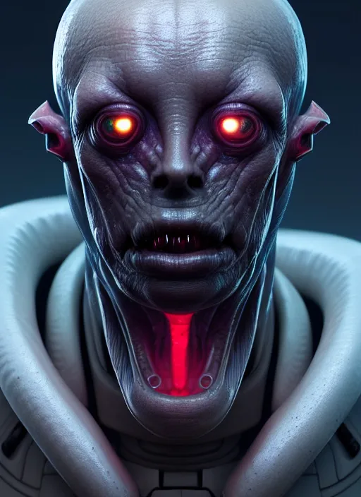 Image similar to portrait of a space alien, varying detailed skin, octane render, piercing glowing eyes, realistic render, detailed, ugly, slimy unreal engine, symmetrical!!, greg rutkowski and ruan jia, cinematic