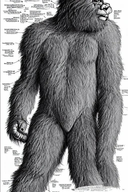 Image similar to anatomical encyclopedia illustration of sasquatch, photorealistic, diagram, intricate details