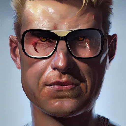 Image similar to a closeup portrait of duke nukem, dramatic lighting, chiaroscuro, high detail, painted by greg rutkowski, painted by igor kieryluk, painted by bobby chiu, trending on artstation